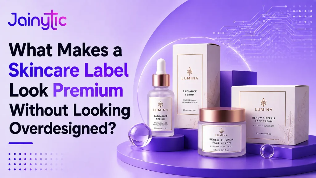 Premium skincare label design with clean typography and refined finishing