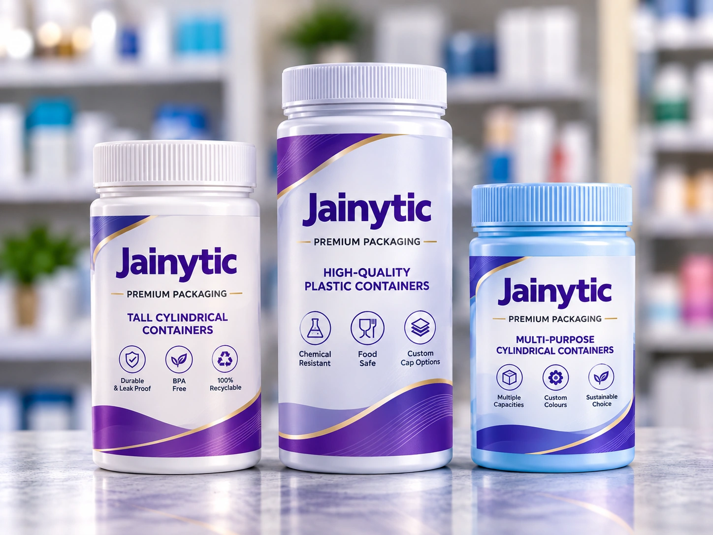Jainytic tall cylindrical HDPE and PP containers with premium labels