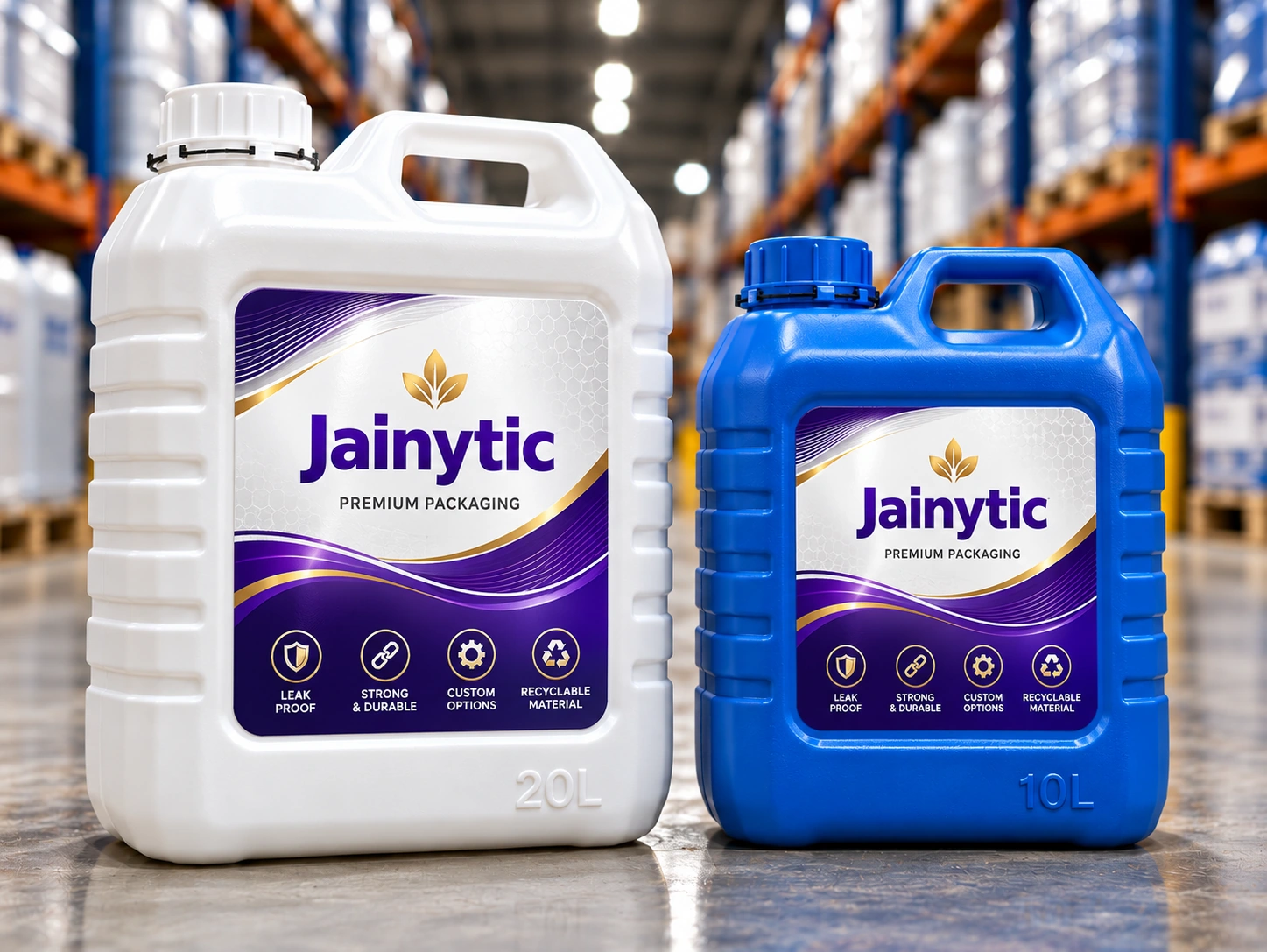 Jainytic HDPE jerry cans and carboys with premium labels