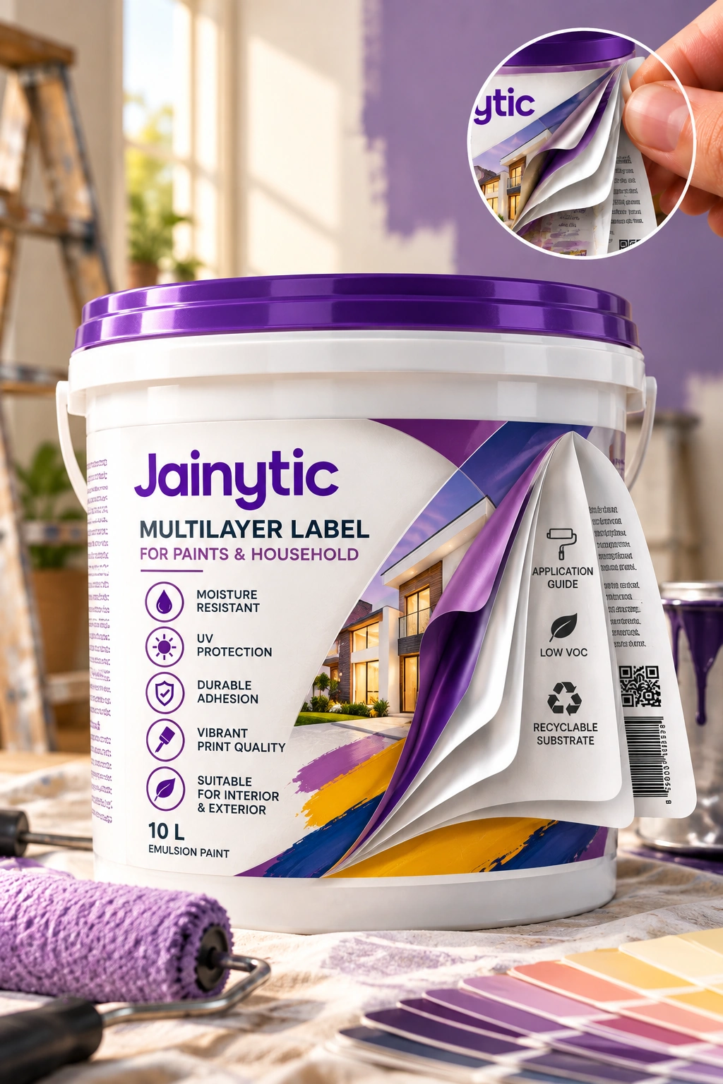 Multilayer labels for paint and household containers