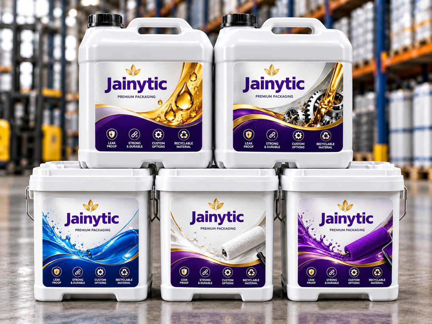 Jainytic square and rectangular industrial containers with premium labels