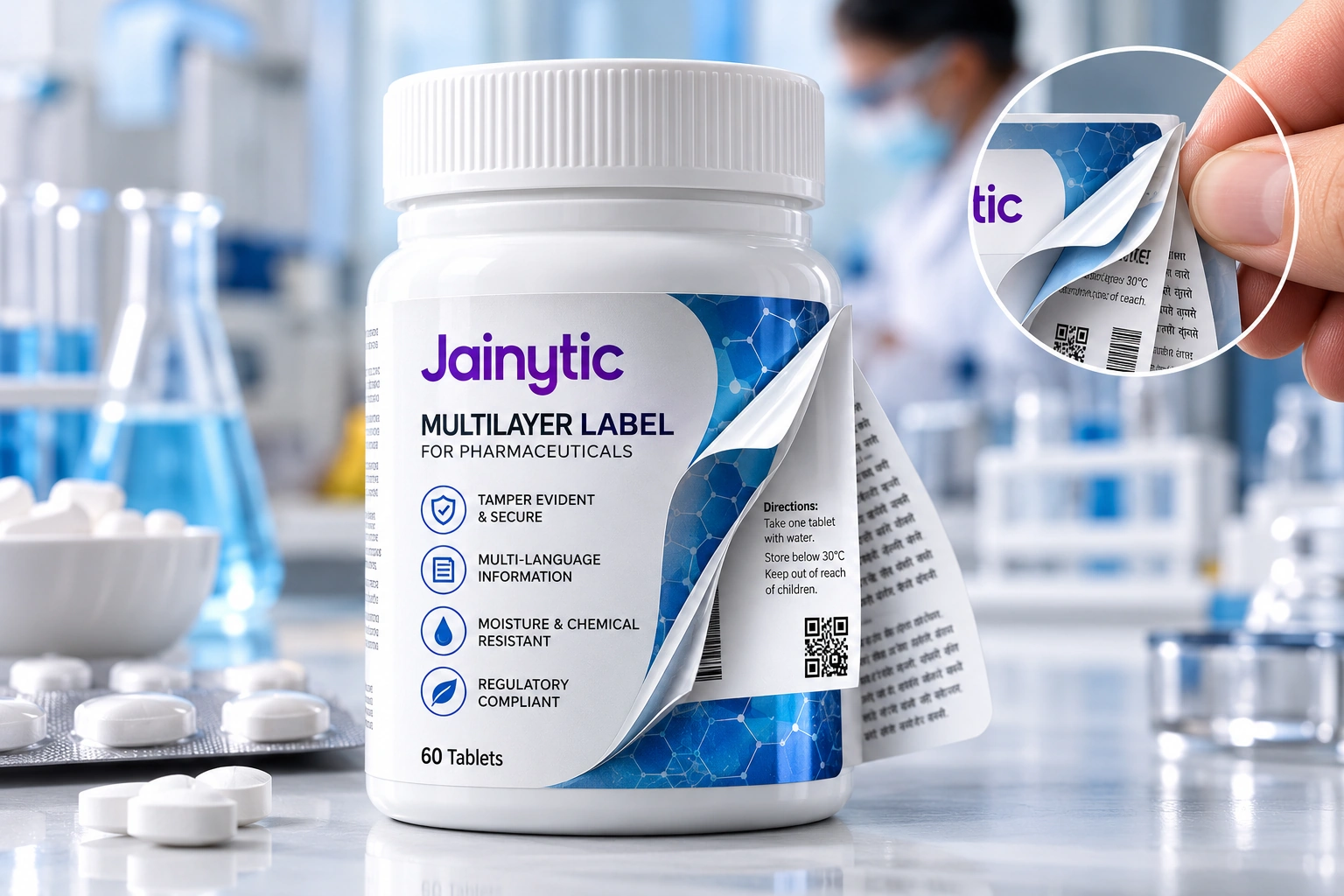 Multilayer pharmaceutical labels on medicine packaging
